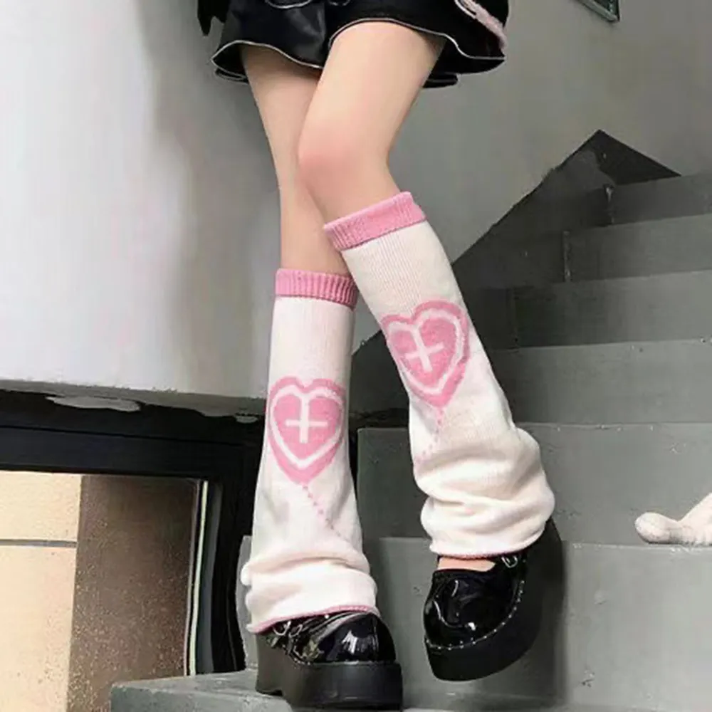 Y2K Leg Warmers Women Harajuku Reversible Long Socks Kawaii Knitted Love Leg Protector Cover Loose Fit Calf Knee Loose Fit Socks