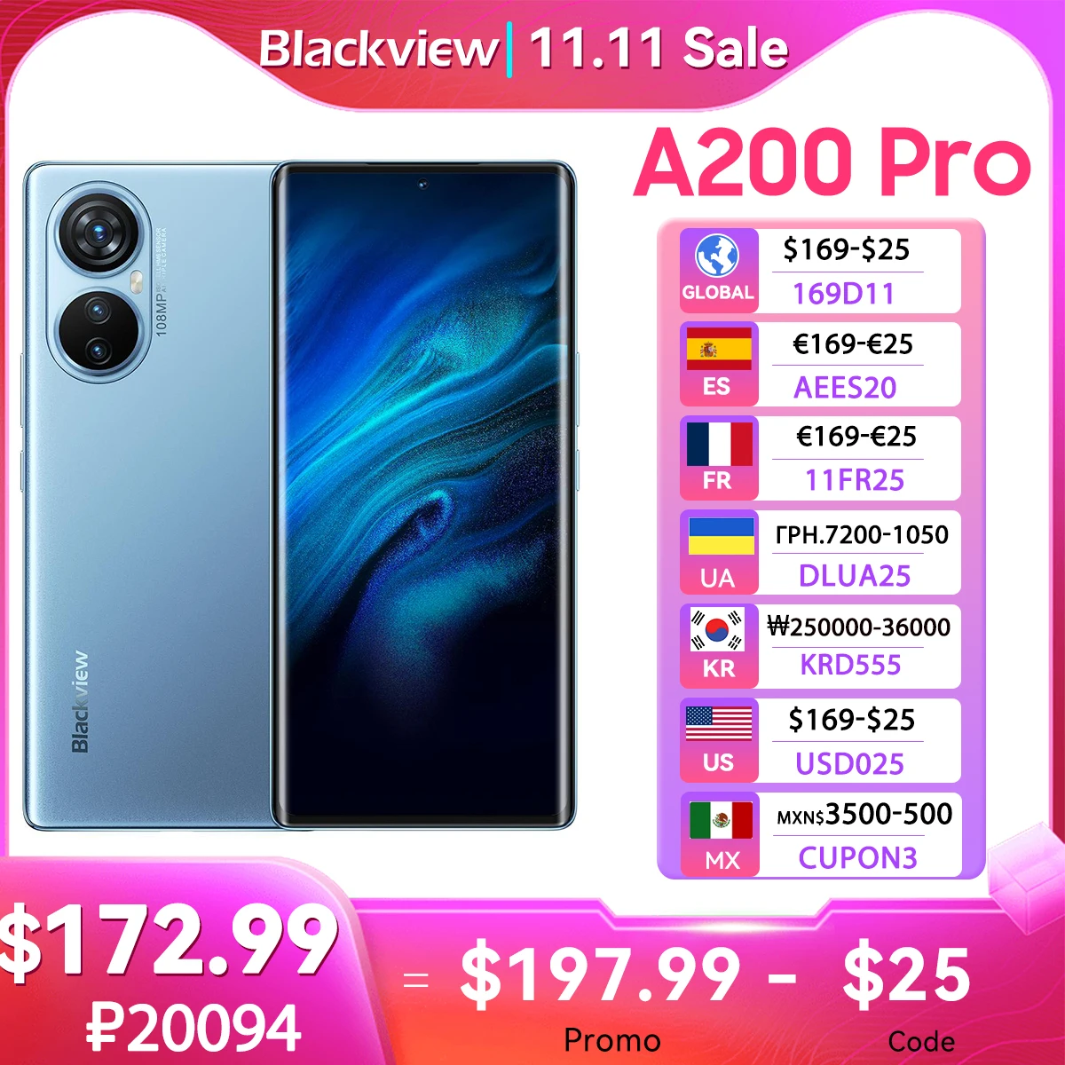 Blackview A200 Pro Mobile Phone G99 6.67''120HZ AMOLED Curved Display Smartphone 12GB 256GB Android 13 108MP Camera 66