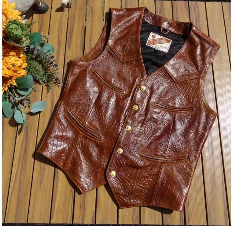 Free shipping.Super sales.100% cow leather.Classic slim fit safari style vest,American Vintage worker cloth.natural real leather