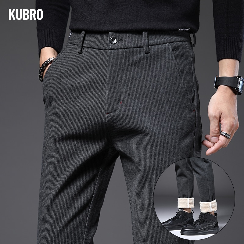 KUBRO Autumn Winter Elastic Fashion Thick Corduroy Pants Men Business Slim Fit Straight Wool Fleece Trousers Male Plus Size 38
