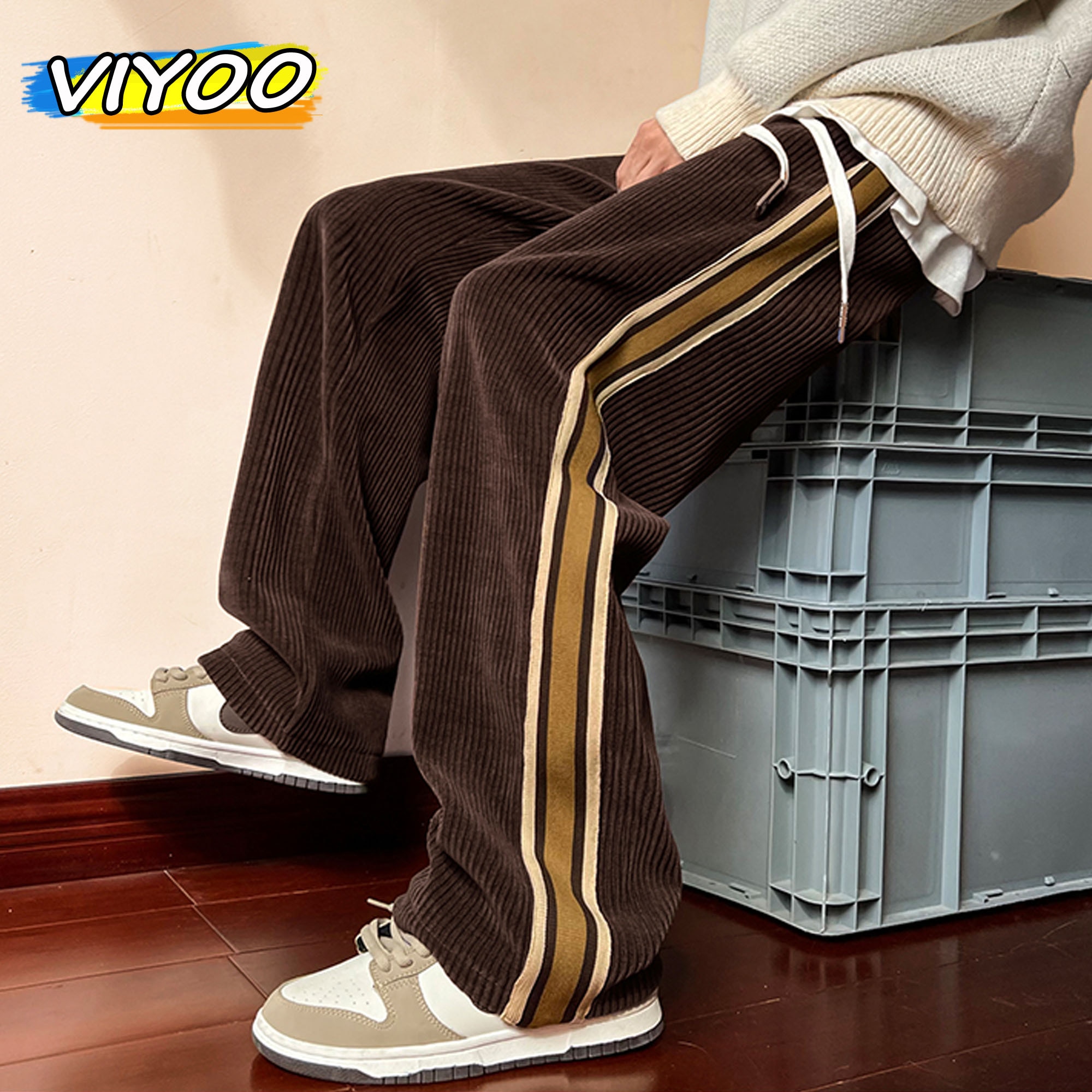 Harajuku Men's Brown Baggy Wide leg Cargo Pants Side Strip Corduroy Casual Pants Trousers Man Sweatpants Korean Autumn Clot