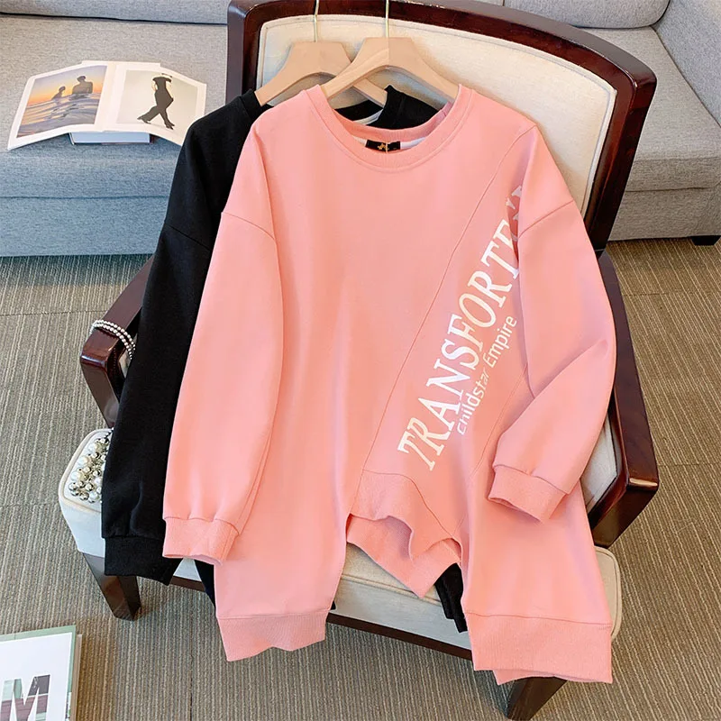 150Kg Plus Size Women's Bust 160 Autumn Irregular Casual Sweatshirt Loose Long Sleeve Top Black Pink 6XL 7XL 8XL 9XL 10XL