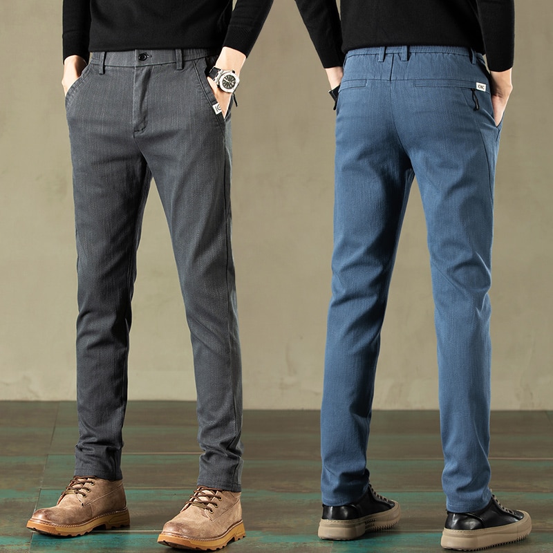 2023 Autumn New Casual Straight Pants Men Cotton Business Slim Stretch Trousers Male Blue Black Light Grey Dark Grey