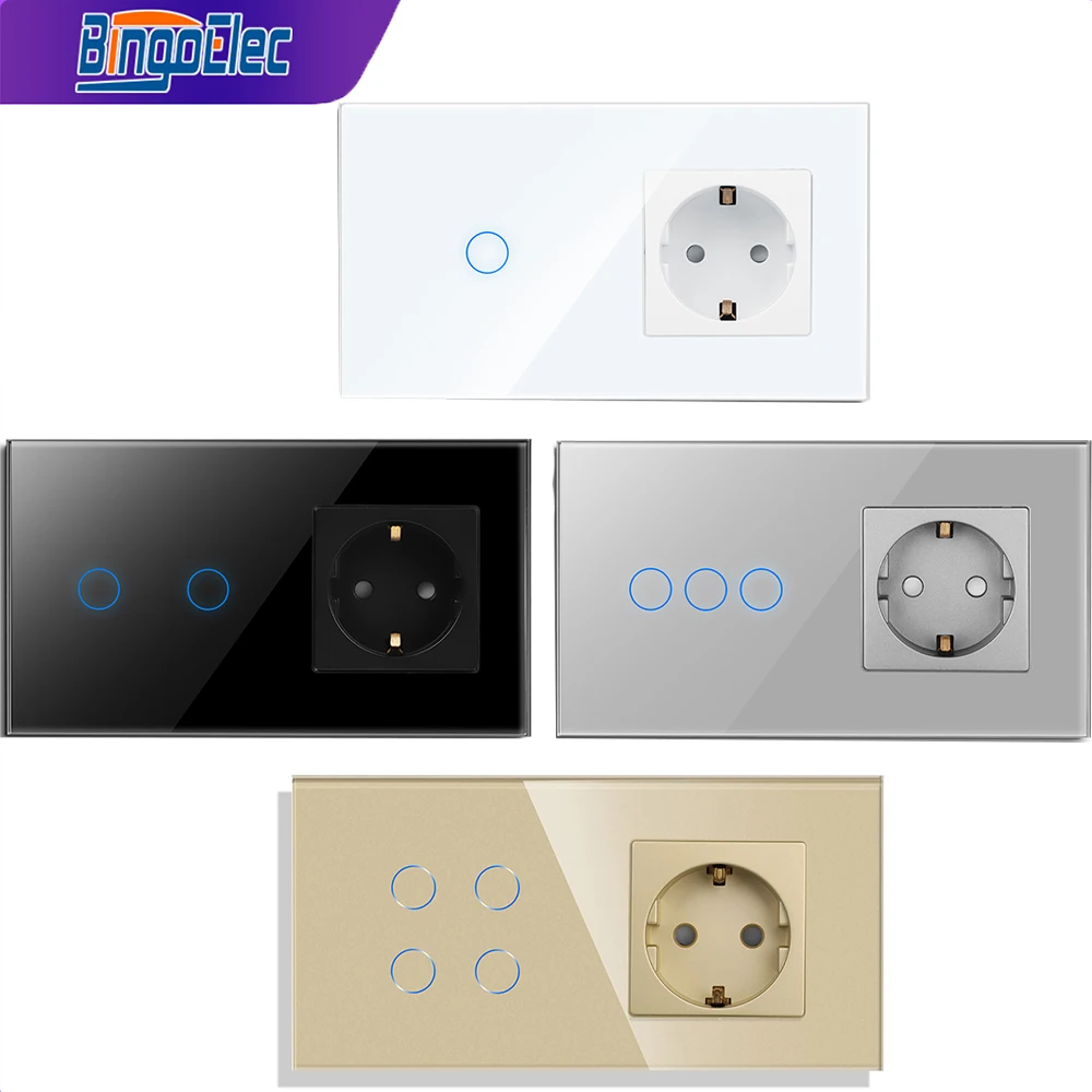 Bingoelec EU Standard Touch Switch and Socket 1/2/3Gang Light Sensor Stair Switches 1/2/3way Glass Panel Wall Electrical Outlets