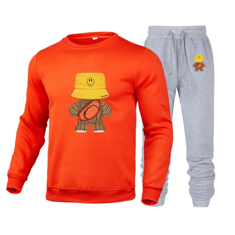 2 peice mens set warm tracksuit men cotton sweatshirt fashion streetwear jogging set winter tops bear printed sweatshirt