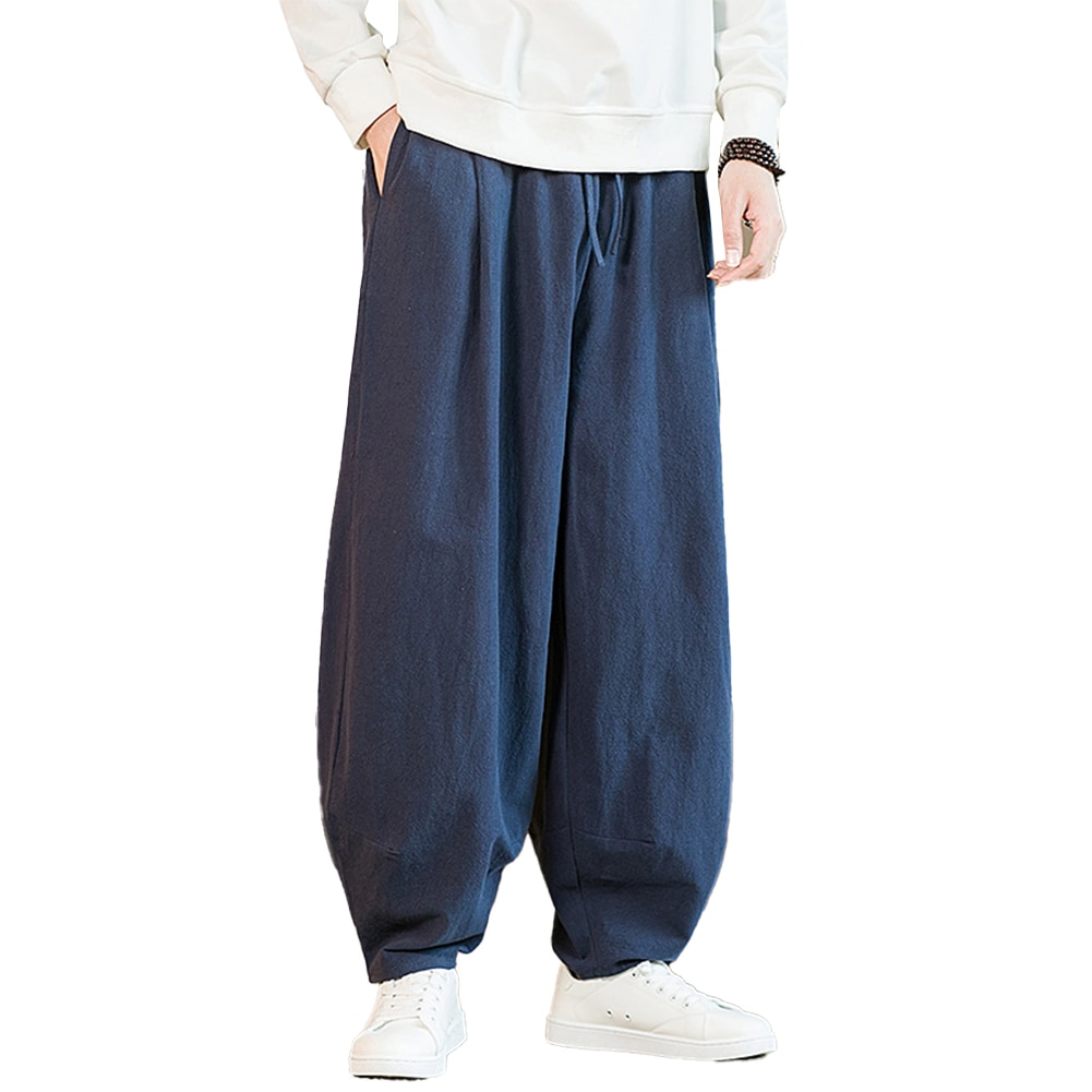 Casual Cotton And Linen Wide Leg Man Pants Elastic Drawstring Waist Loose Harem Solid Color Pant Trousers Clothing