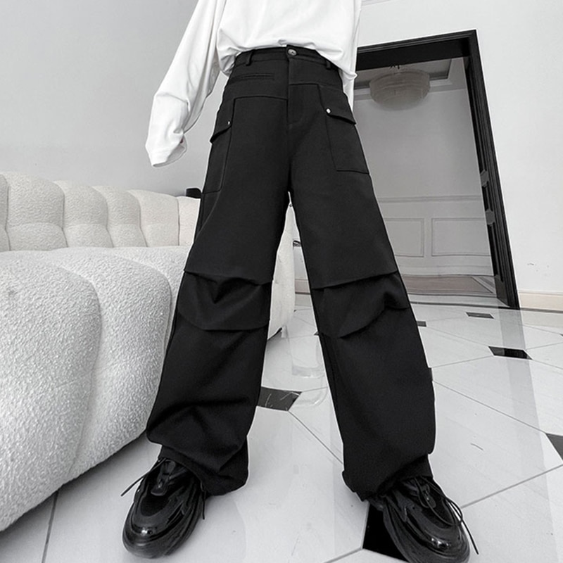 SYUHGFA Men's Trousers Korean Style Trend Cargo Pants Autumn New Knee Pleated Multi Pocket Overalls Casual Male Loose Fold