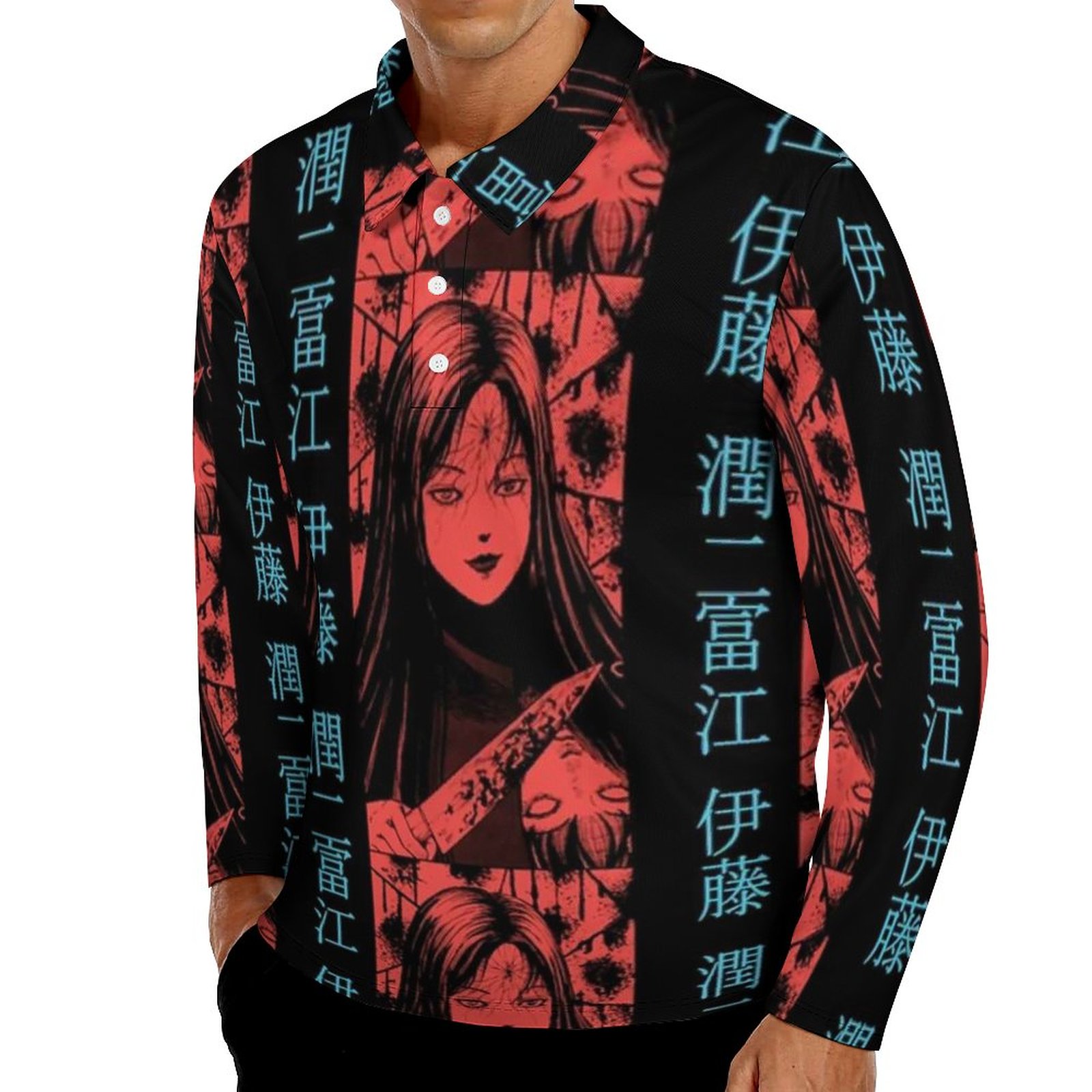 Junji Ito Polo Shirts Men Horror Japanese Cartoon Casual Shirt Spring Street Style Collar Long Sleeve Printed Oversize T-Shirts