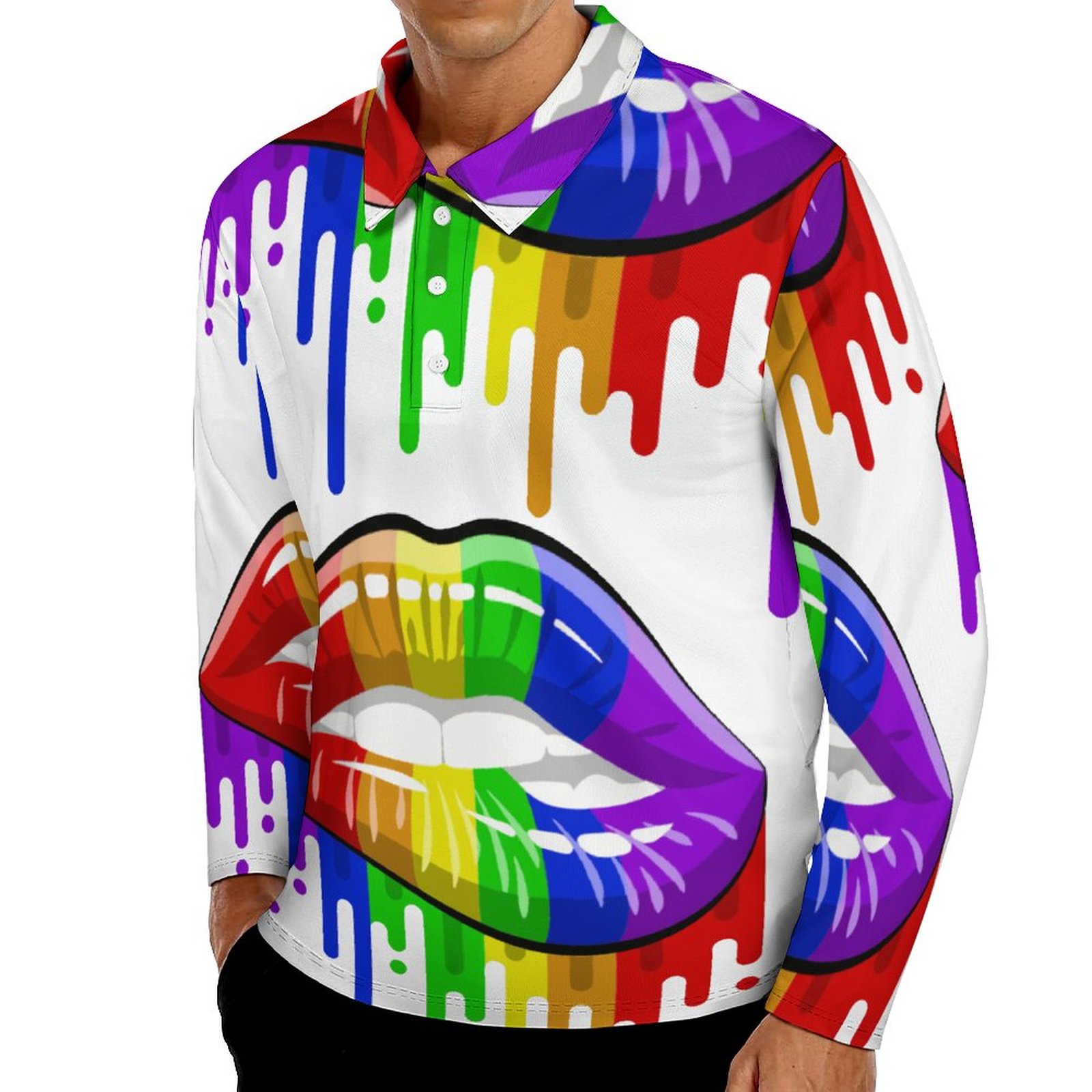 LGBT Lips in Rainbow Flag Colours Polo Shirts Autumn Pride Casual Shirt Long Sleeve Collar Trending Graphic Oversize T-Shirts
