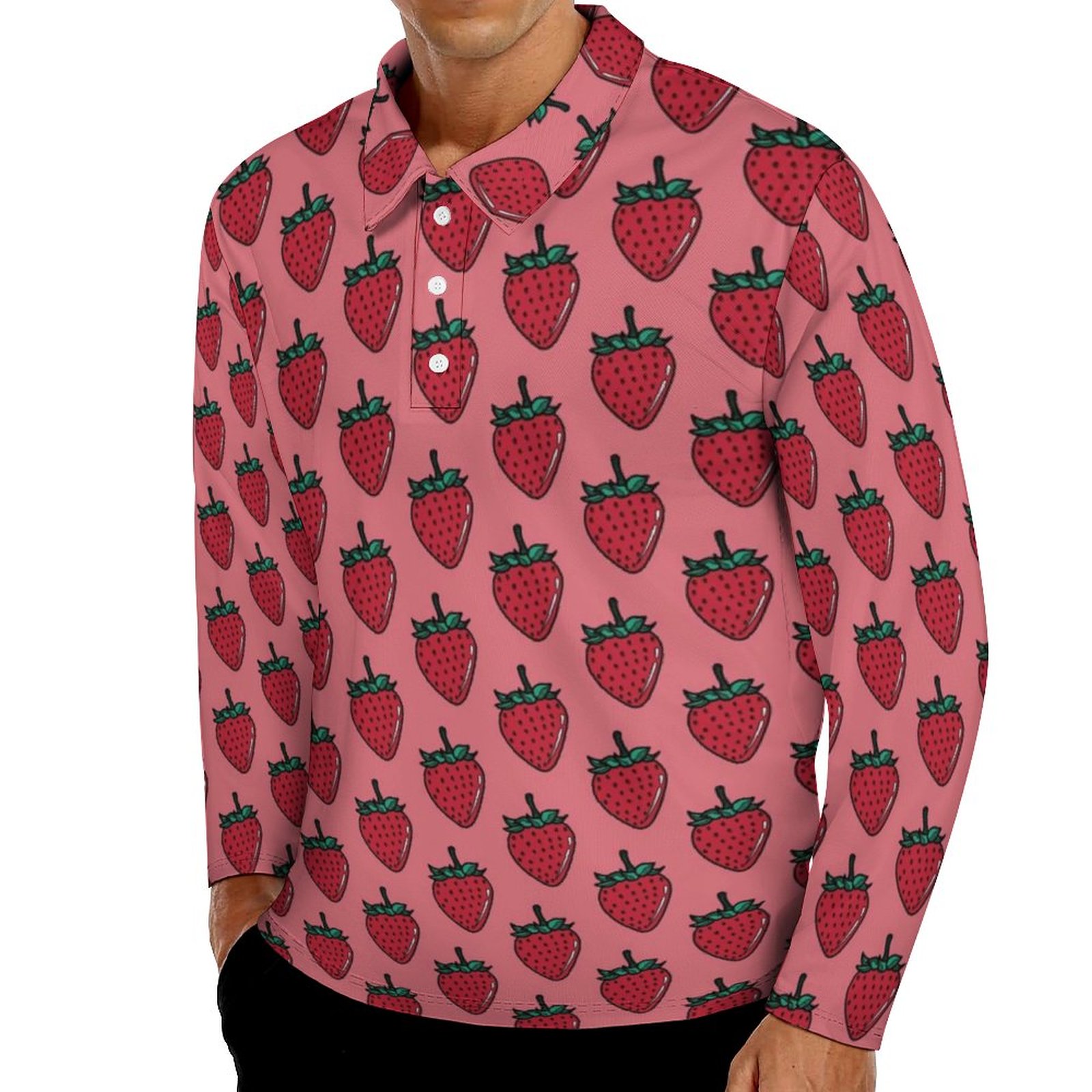 STRAWBERRY TEA ROSE Casual Polo Shirt Fruit T-Shirts Long Sleeve Printed Shirt Autumn Novelty Oversized Tops Birthday Gift