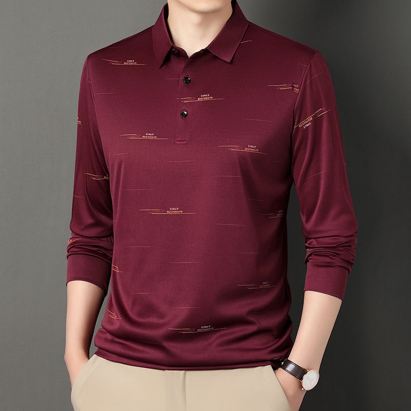 2023 New Spring and Autumn Fashion Simple Polo Collar Long Sleeve Casual Ice Silk Light Cotton Business Style Men's Polo Sh