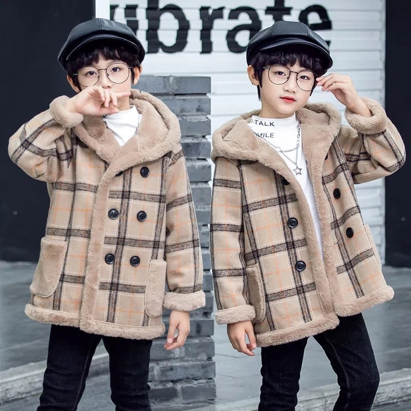 Boys Autumn And Winter Coat 2023 New Plus Velvet Thick Woolen Children's Fashion Trendy double breasted solid color
