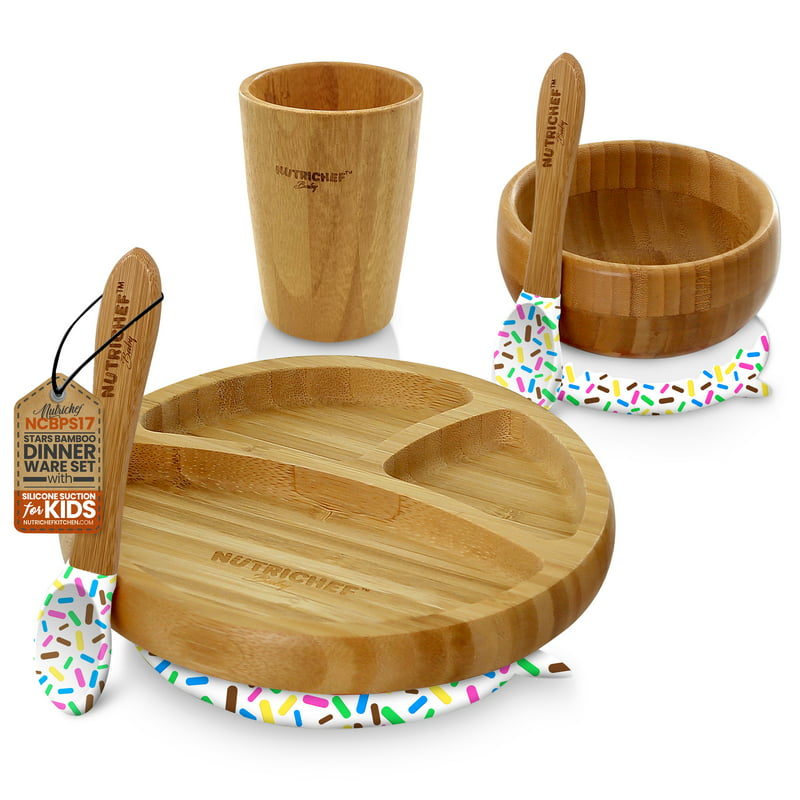 Bamboo Dinnerware Set - 3 Partition Wooden Toddler Plate, Bowl, Cup & Spoon w/ Silicone Suction Base for Stay Put Feeding, B