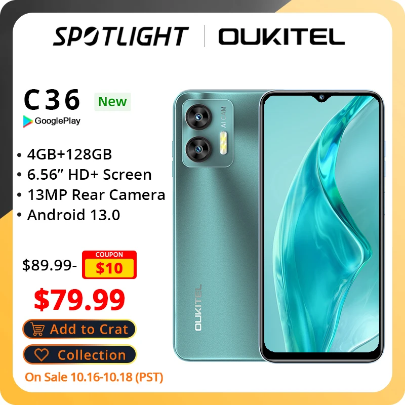 【World Premiere】OUKITEL C36 4GB RAM+128GB ROM Octa Core 6.56" HD+ Screen 13MP Rear Camera Android 13 5150mAh