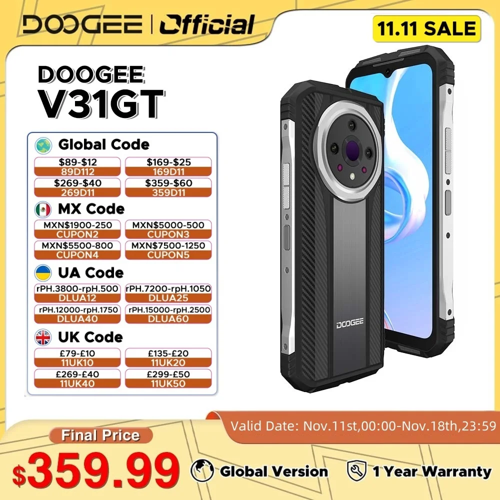 DOOGEE Rugged Phone V31GT 6.58" FHD 120Hz IPS 5G Thermal Imaging System 12GB RAM 256GB ROM Dimensity 1080 10800mAh 66W Char