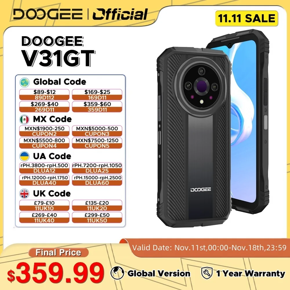Global Version DOOGEE V31GT 5G Rugged Phone 6.58" 120Hz Display Dimensity 1080 Octa Core Thermal Imaging 66W Charger 10800m