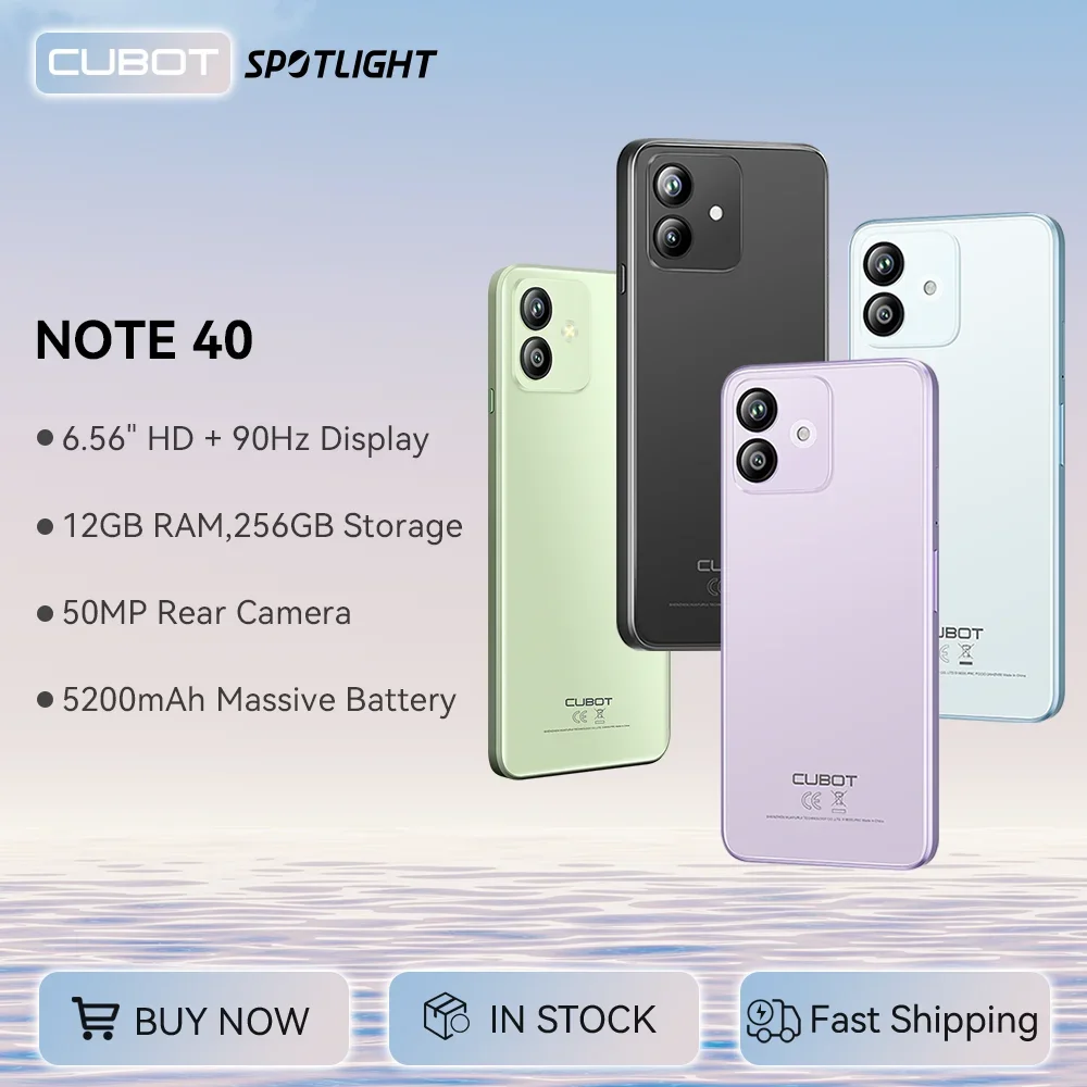 [World Premiere]Cubot Note 40 Smartphone 12GB(6GB+6GB)+256GB 50MP Main Camera 6.56" HD 90Hz Display 5200mAh Battery Face ID
