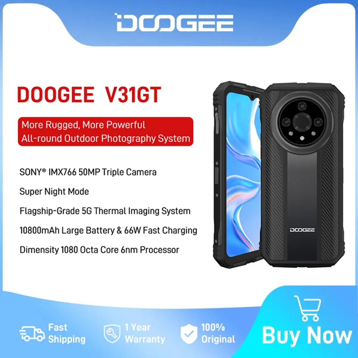 DOOGEE V31GT 6.58" FHD 120Hz IPS Display 5G Thermal Imaging 12GB 256GB Octa Core 50MP Triple Camera 66W Fast Charging 10800