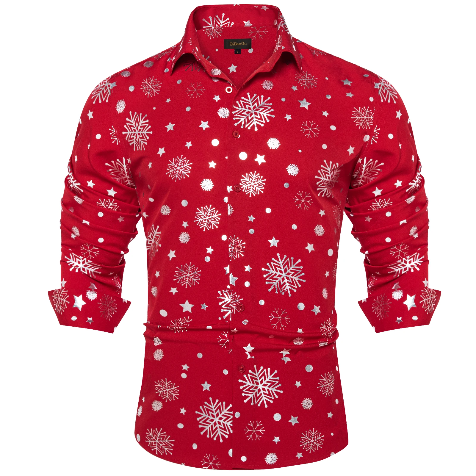 Christmas Men's Shirt Party Men Clothing Red Long Sleeve Button Down Collar Dress Shirts Blouse with Silver Snowflake Patte