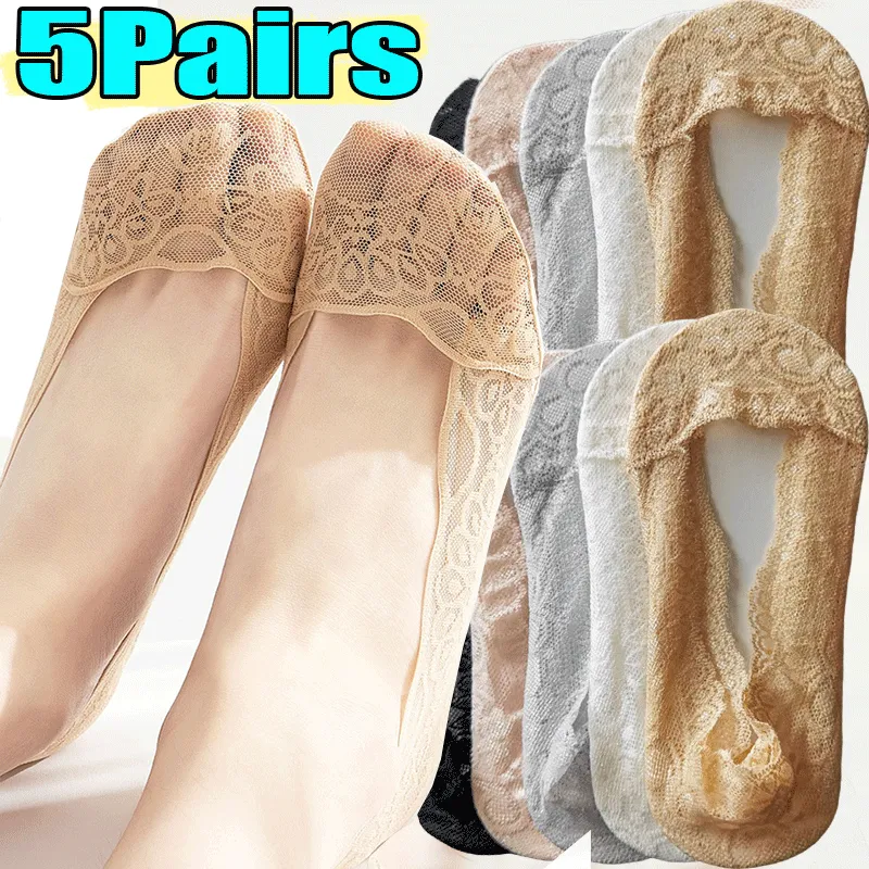 5Pairs Women Boat Socks Summer Slippers Non-slip Breathable Lace Lace Invisible Sock Sexy Non-slip Cool Thin Socks Fashion Sock