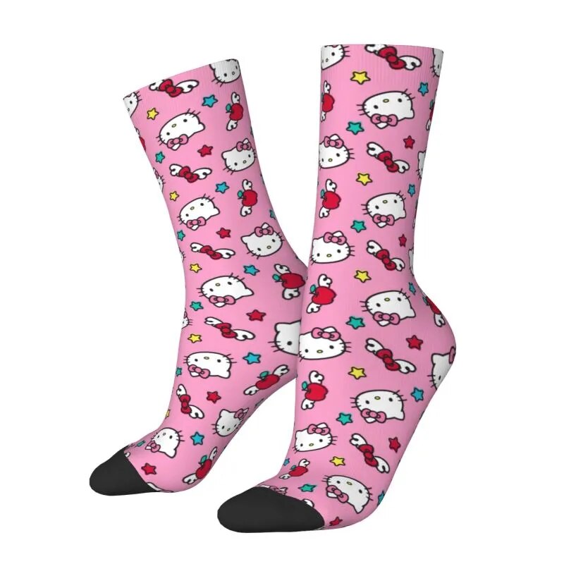 Red Bow Kitties Star Pattern Dress Socks for Men Women Warm Funny Novelty Kitten Cat Crew Socks