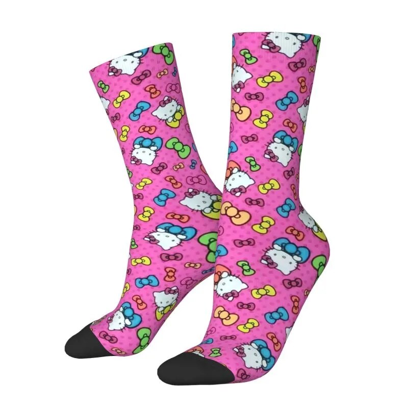 Fashion Colorful Bow Kitties Cat Socks Women Men Warm 3D Printed Cartoon White Kitten Sports Basketball Socks