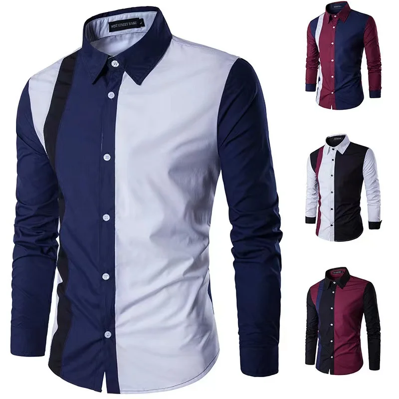 2023 Men's Shirt Spliced Striped Luxurious and Comfortable Button Long Sleeve Suit Lapel Shirt Soft and Comfortable Materia