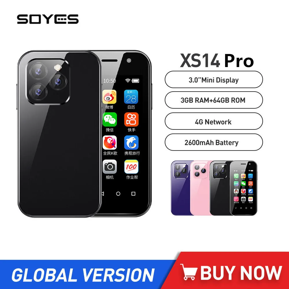 SOYES XS14 Pro Mini Smartphone Quad Core 3GB+64GB 3.0Inch Android Phone 2600mAh Battery Face ID Type-C 4G LTE Small Mobile Phone