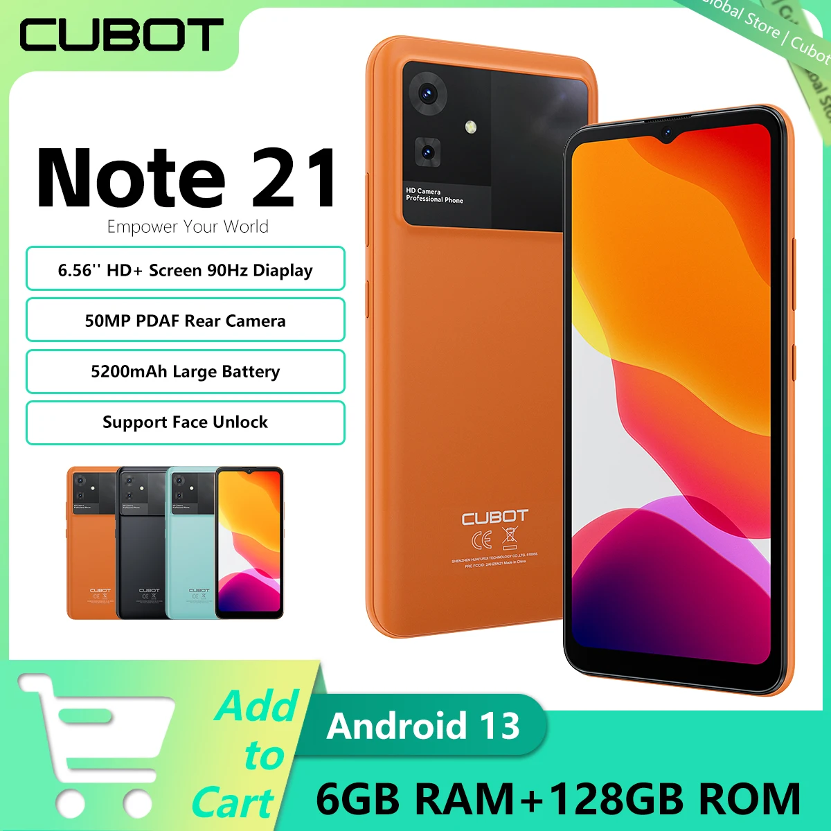 New Smartphone Cubot Note 21 Android 13 12GB RAM+128GB ROM 6.56 Inch 90Hz Screen 5200mAh 50MP Rear Camera Octa-Core Face ID