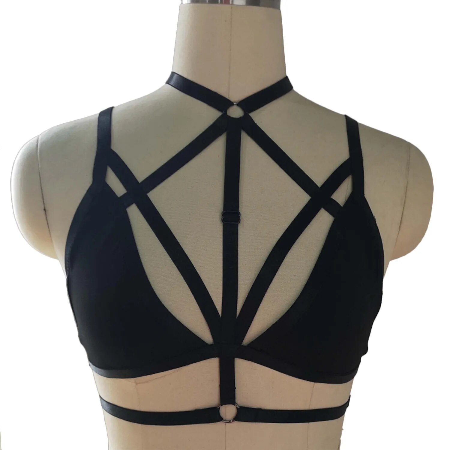 Black Bondage Harness Sexy Lingerie Bra Elastic Crop Top Body Cage Adjustable Strap Goth Handmade Hollow Harness Bra
