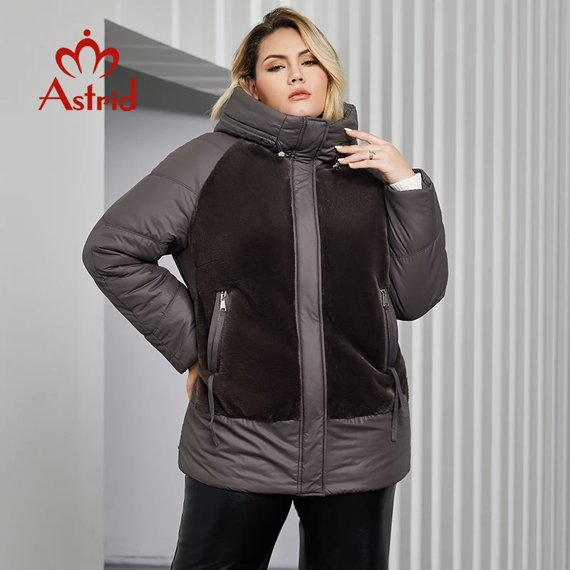 Astrid Plus Size Winter Jacket Women Faux Fur Stitching High Quality Wool Warm Fashion Women's Parka Female Plush Coat Hood