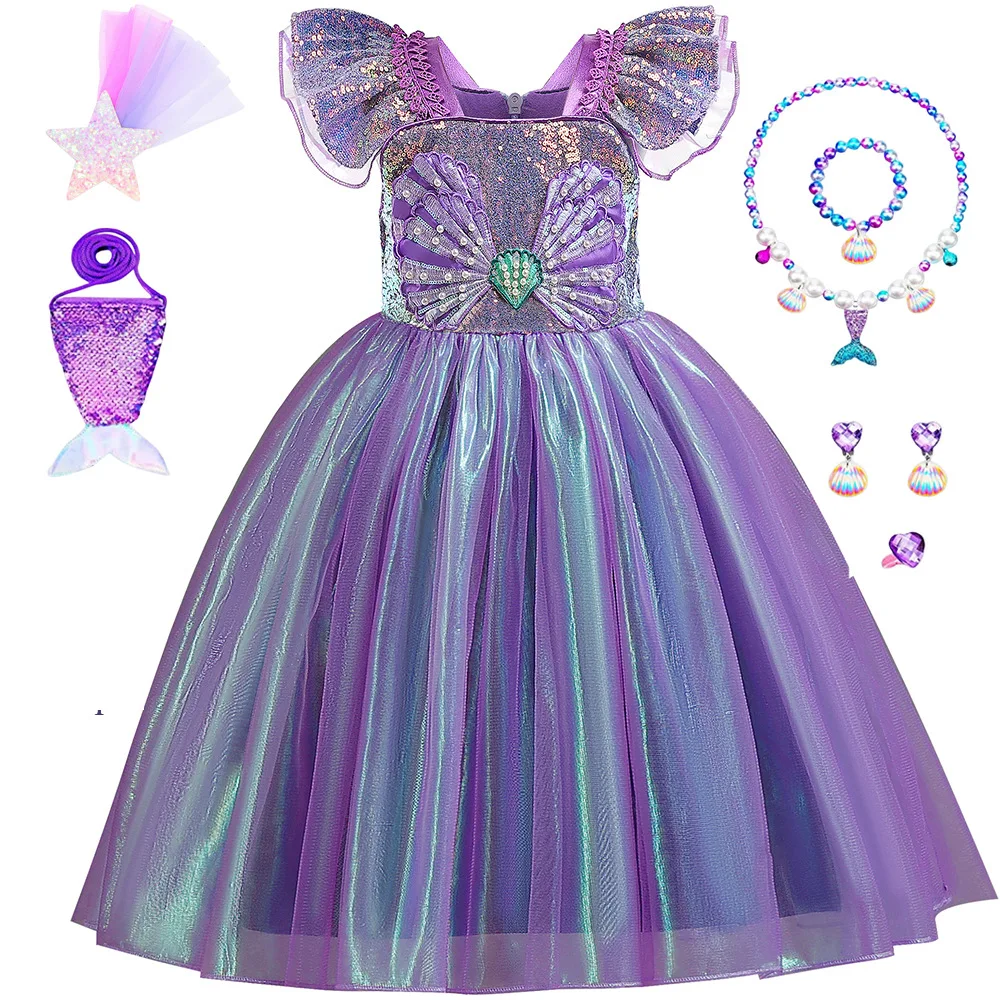 New Children's Mermaid Cosplay Dress Small Flying Sleeves Shell Print Sequins School Stage Drama Performance Dress