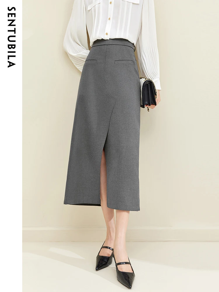 SENTUBILA Midi Split Grey Skirt for Women 2024 Autumn Elegant Solid Skirts with Slit Office Ladies Business Workwear 133Q51099