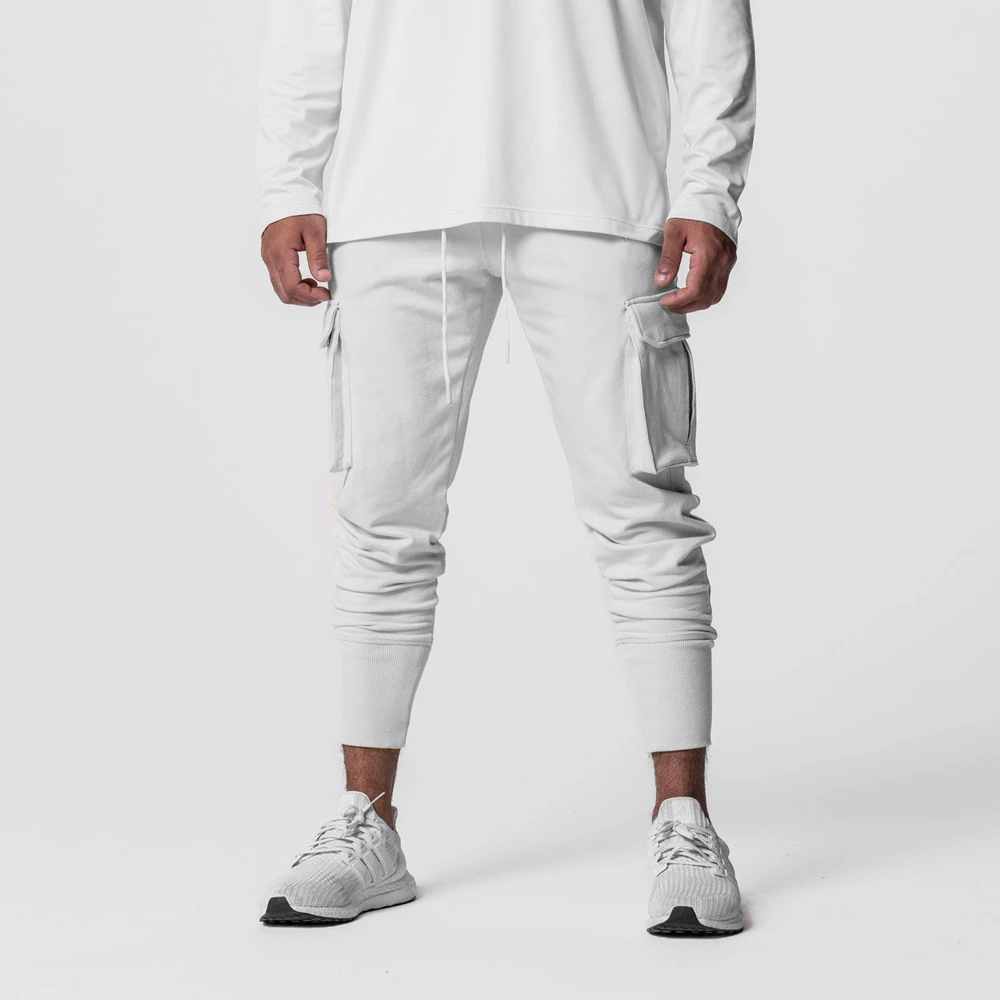 Men's Cotton Running Cargo Pants Big Pockets Loose Breathable Gym Joggers Casual Sport Trousers Training Workout Sweatpants