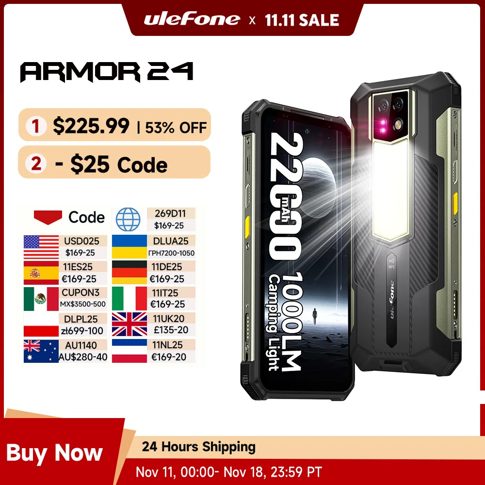 Ulefone Armor 24 Rugged Phone 22000mAh Up to 24GB+ 256GB 6.78"120Hz Smartphone 64MP+64MP NFC Phone LED Light Global Version
