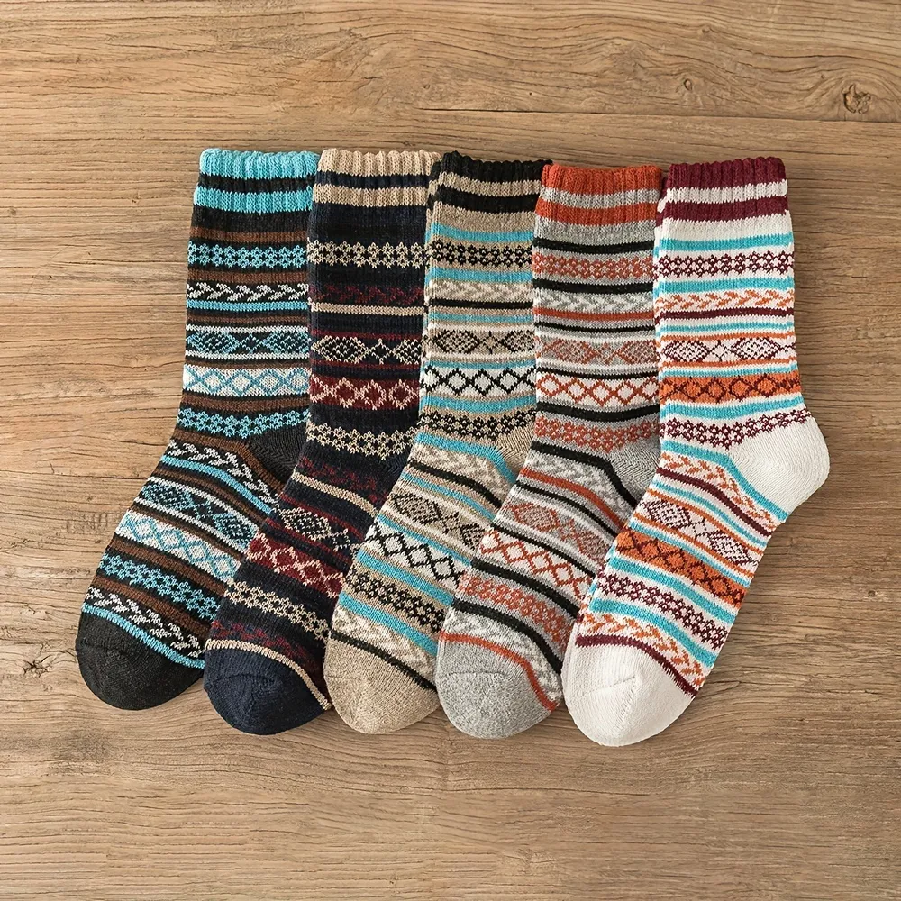 5pairs Vintage Striped Argyle Pattern Thickened Round Neck Socks for Winter Warmth