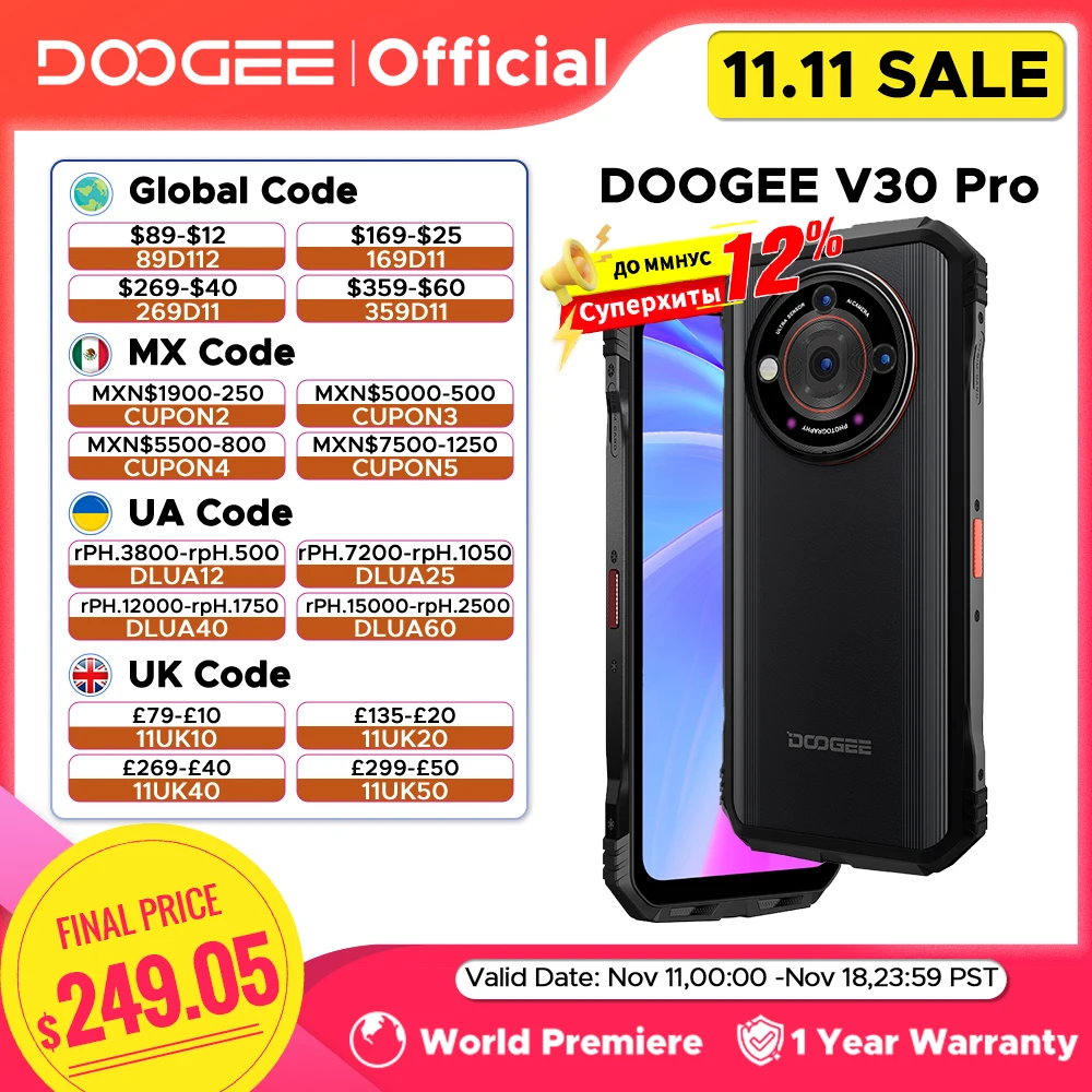 World Premiere DOOGEE V30 Pro Rugged Phone 200MP Camera Dimensity 7050 5G Smartphone 6.58" FHD Display 10800mAh 32 RAM+512 