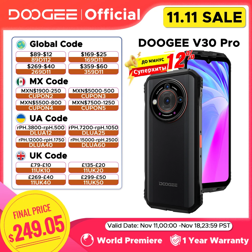 Global Version DOOGEE V30 Pro Rugged Phone 32GB 512GB 200MP Camera Dimensity 7050 5G 6.58" FHD 120Hz 10800mAh WiFi6 Dual Sp