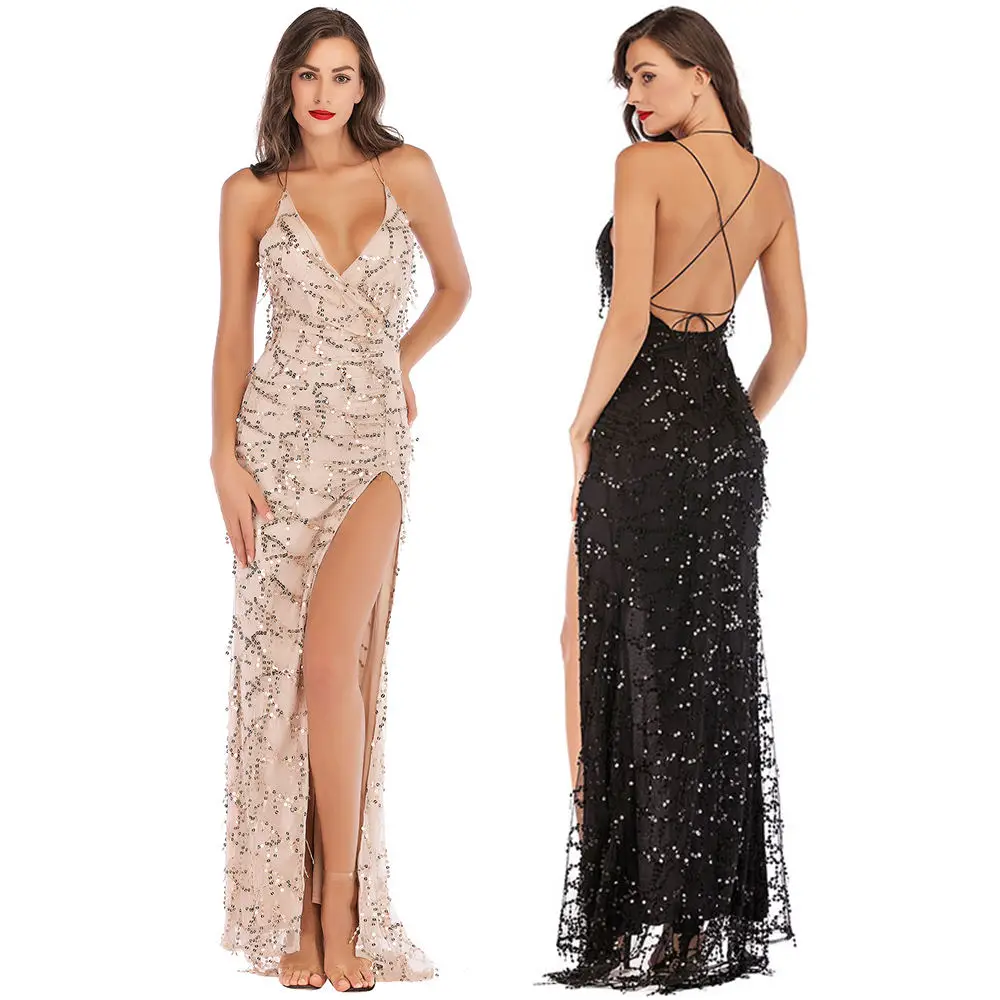 Women Sequin Deep V-neck Party Dresses High Split Spaghetti Strap Long Gowns Women Evening Dress Prom