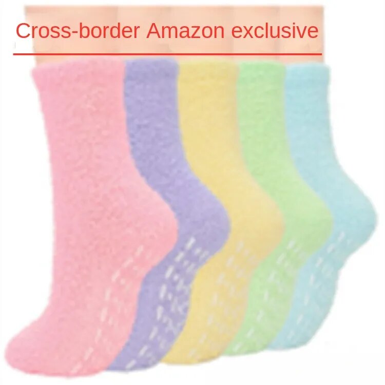 1PR Dispensing Non-Lint Women's Solid Color Coral Fleece Winter Tube Socks Room Socks Non-Slip