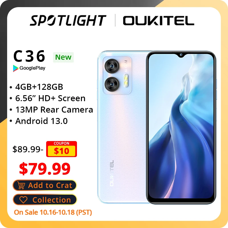 【World Premiere】OUKITEL C36 Smartphone 4GB+128GB Octa Core 6.56" HD+ Screen Phone 5MP+13MP Camera Android 13 5150mAh Cellph