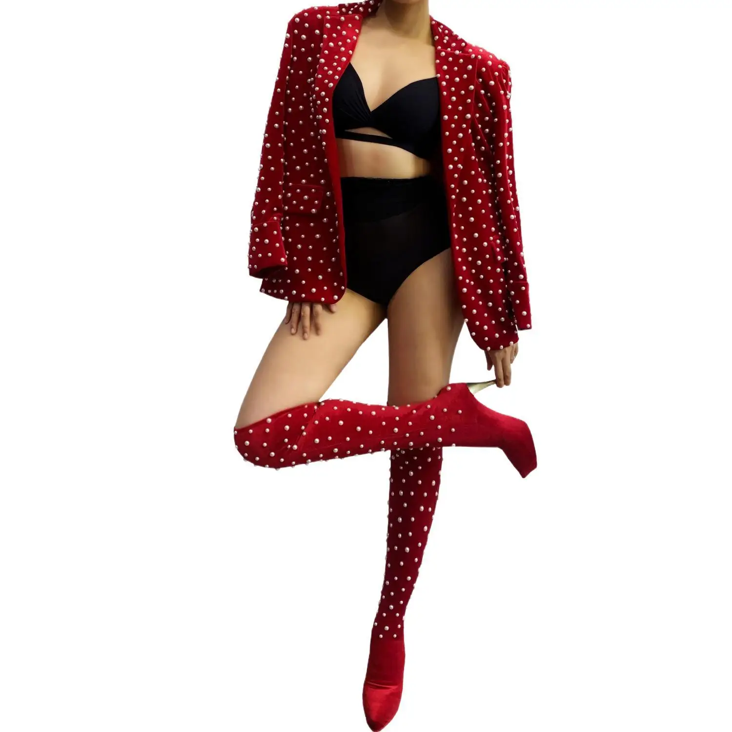 Women Sexy Stage Pearl Dress Pearls Sock Fashion Brand Design Jacket Women Singer Costume Birthday Evening Prom Dress Xizhuang