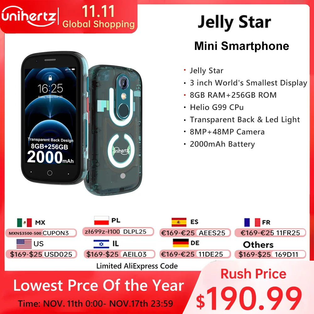 Unihertz Jelly Star Mini Smartphone 8GB 256GB Led Light Unlocked Transparent Backshell Cellphones For Spare Phone