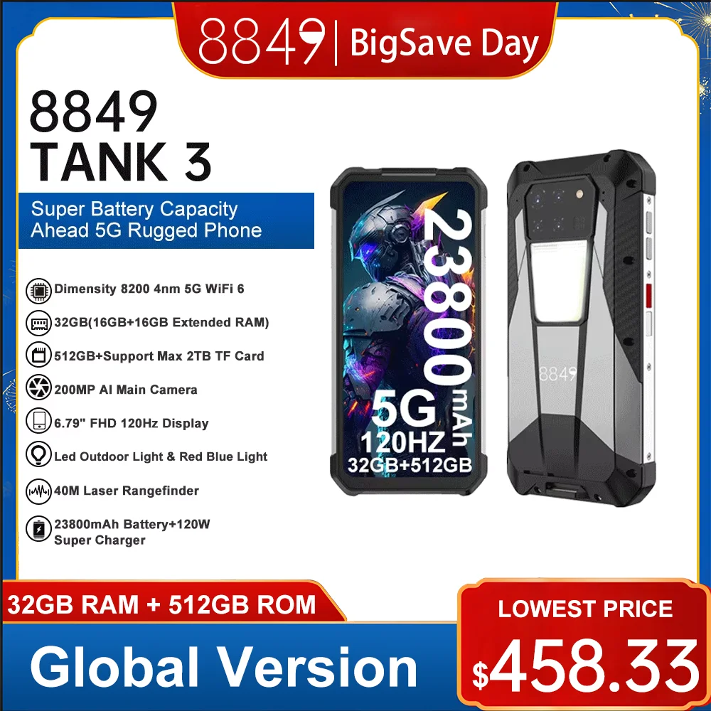 8849 Tank 3 Rugged Smartphone 32GB 512GB 23800mAh 120W Charger Dimensity 8200 5G Cell Phone 200MP 120Hz Led Light Mobile Phone