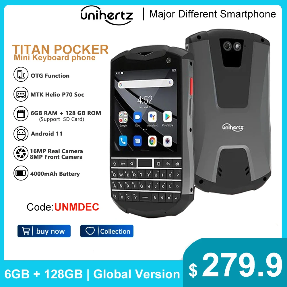 Unihertz Titan Pocket QWERTY Keyboard Portable Smartphone 4G Android 11 6GB 128GB Octa Core Dual SIM Unlocked NFC Mobile Phone