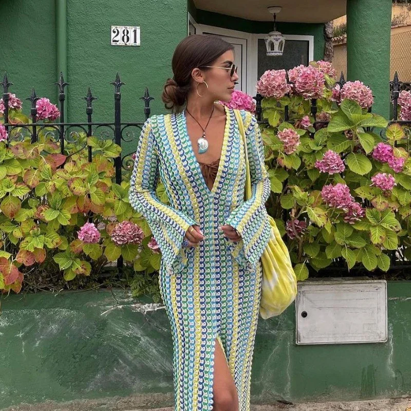 Colorful Striped Women Crochet Knit Long Dresses Maxi Party Dresses Robe Flared Long Sleeve V-neck Sexy Club Funky Beach