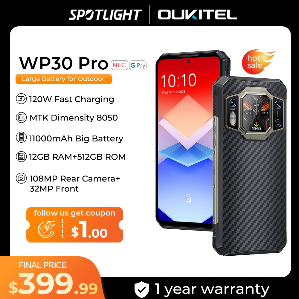 Oukitel WP30 Pro 120W 5G Rugged Smartphone android 13 12GB+512GB 11000 mAh 6.78" FHD+ Mobile Phone 108MP Cell Phone Global