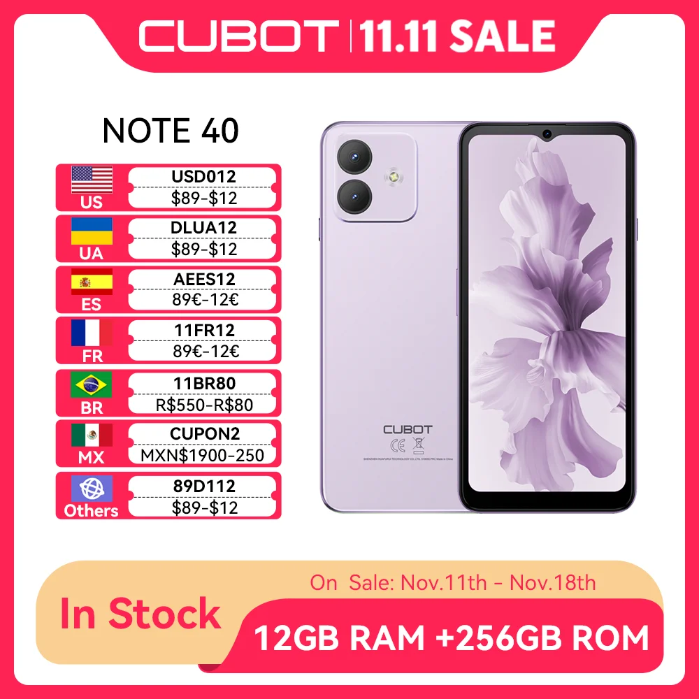 Cubot Note 40 Smartphone, 12GB RAM (6GB+6GB Extended) + 256GB ROM, 50MP Main Camera, 6.56" 90Hz Display, 5200mAh Battery, G