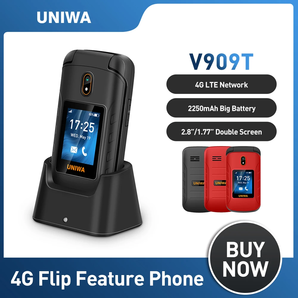 UNIWA V202T 4G Flip Senior Phone 2.4 Inch Dual Screen Emergency Call Button Feature Phone 1450mAh Big Push-Button For Elderly