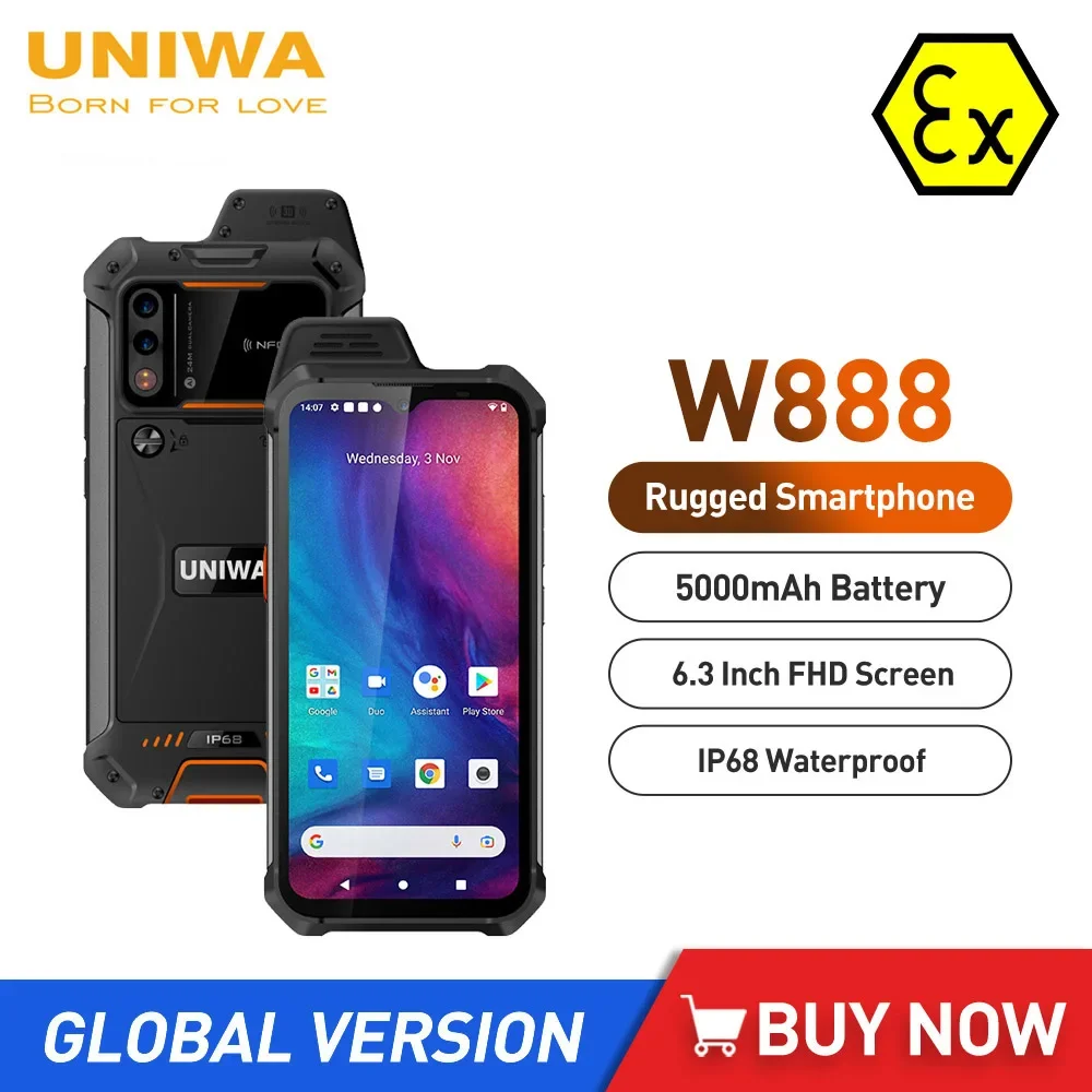 UNIWA W888 MT6765 Helio P35 Octa Core 4GB+64GB ATEX Explosion IP68 Smartphone Andriod11 6.3“ HD Screen 5000mAh NFC Mobile Phone